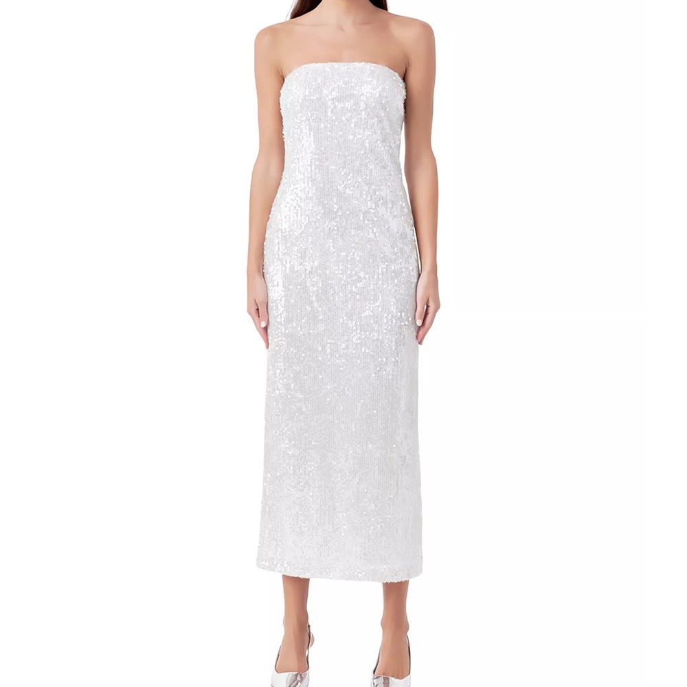 Endless Rose Strapless White Sequined Midi Column Dress